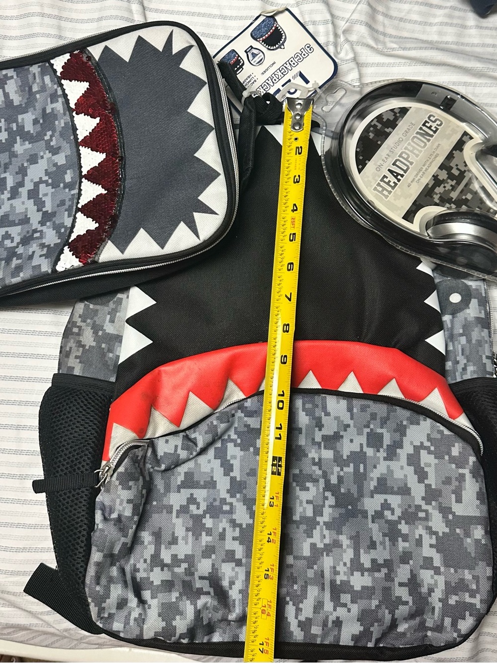 Kids shark Grey Camo Shark-Accent Backpack with Red Trim